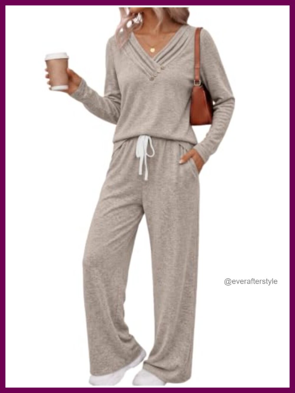 Women 2 Piece Lounge Set Brushed Knit V-Neck Wide Leg Pants Casual